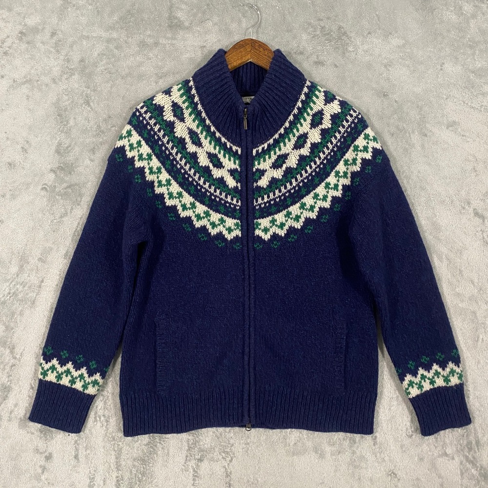LL Bean Sweater Sz L Navy Blue Lambswool Fair Isle Full Zip Chunky Cardigan